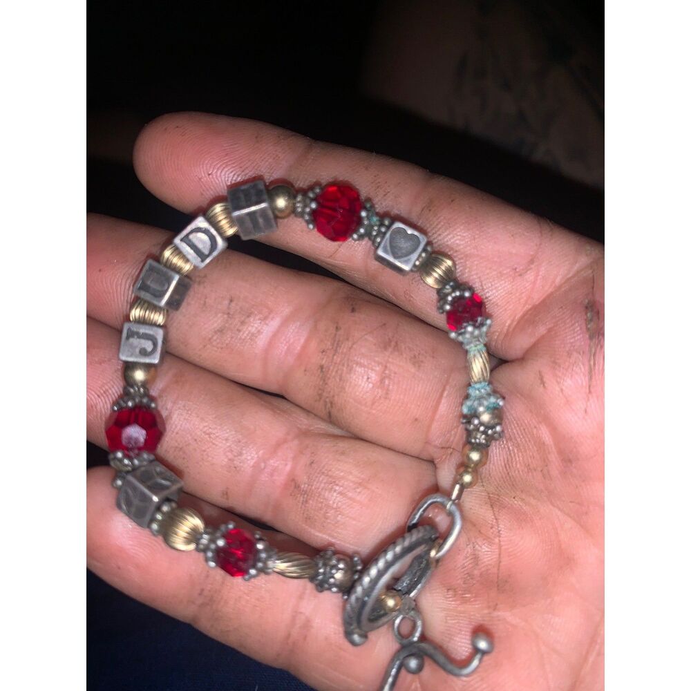 Vintage Judi Name Bracelet 925 Sterling Silver Red Crystal Beads Toggle Clasp